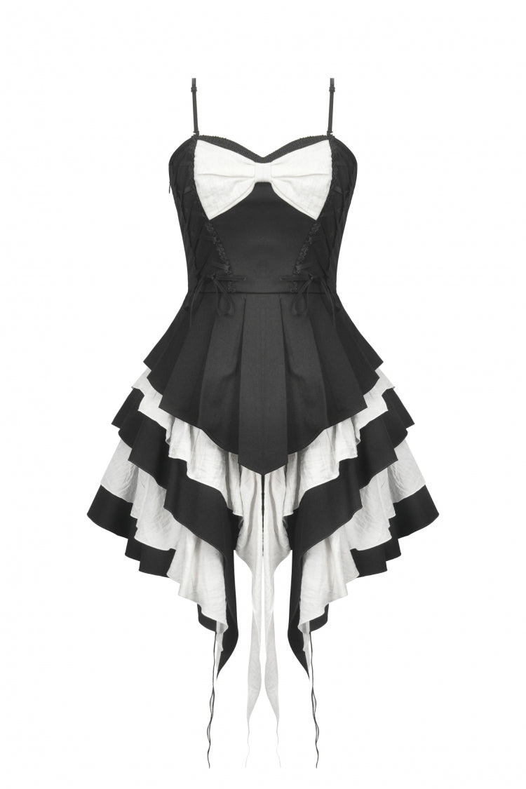 Monochrome Sleeveless Multi-Layered Ruffled Bow Slip Dress