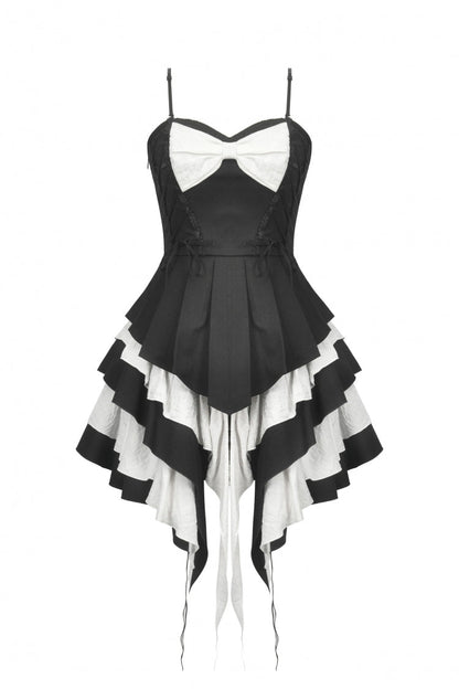 Monochrome Sleeveless Multi-Layered Ruffled Bow Slip Dress