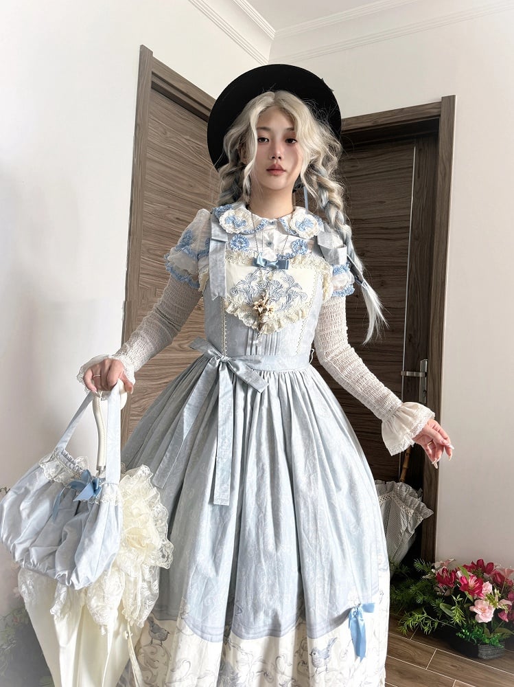 Blue Titmouse and Floral Print Lolita Jumper Skirt