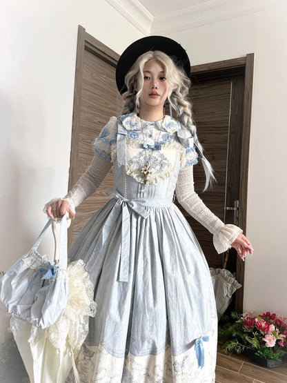 Blue Titmouse and Floral Print Lolita Jumper Skirt