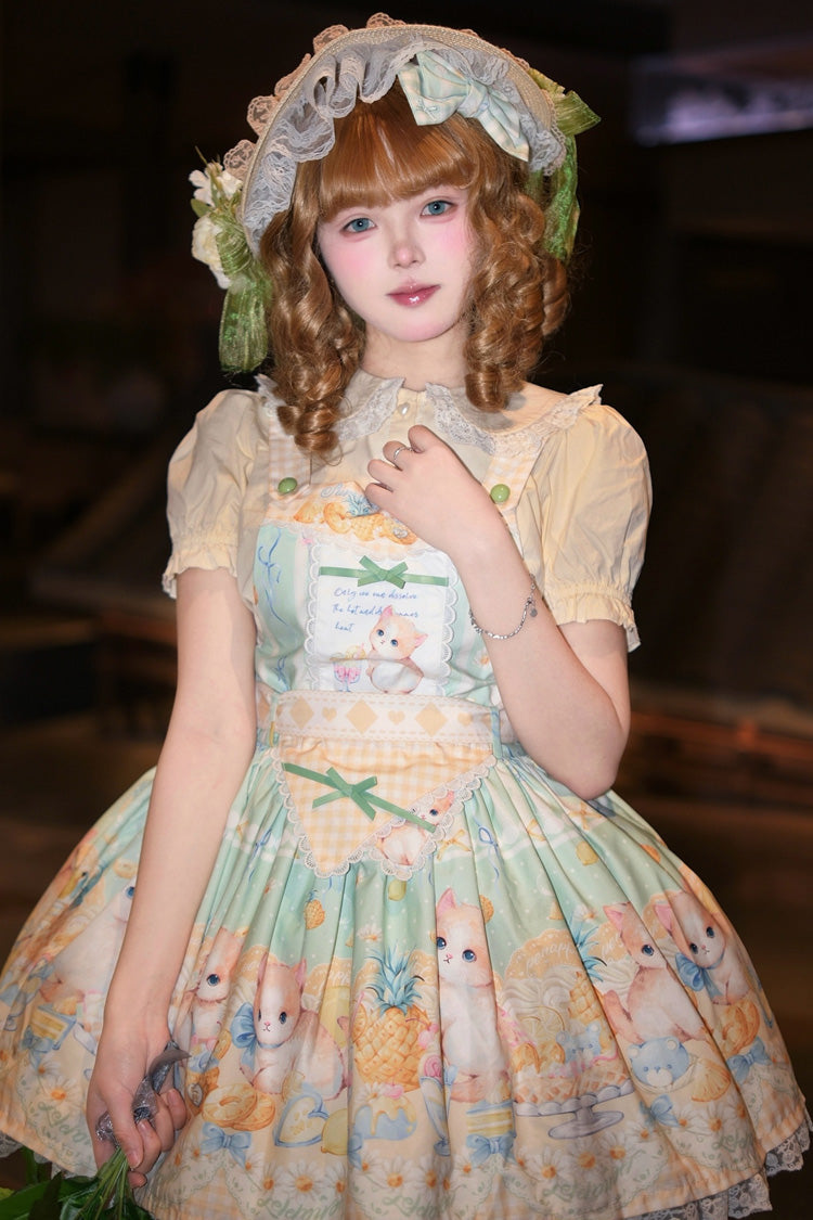 Emerald Pineapple Cat Print Sleeveless Bowknot Lace Sweet Lolita Strap Dress