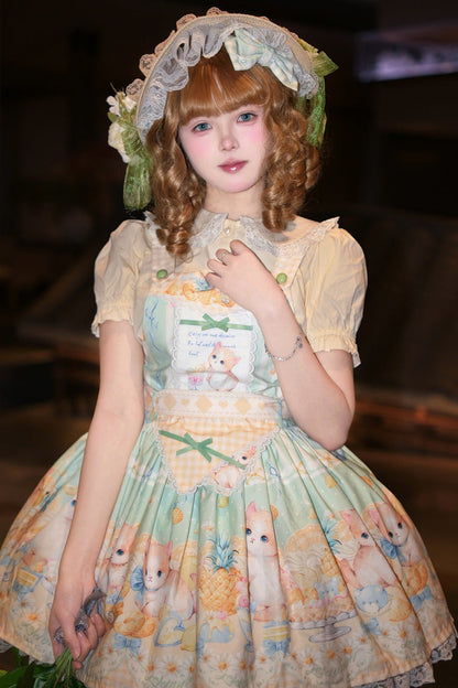 Emerald Pineapple Cat Print Sleeveless Bowknot Lace Sweet Lolita Strap Dress
