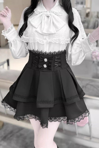 Long Sleeves Double-Layered Ruffled Embroidered Bow Lace-Up Gothic Jirai Kei Lolita Top Skirt Set