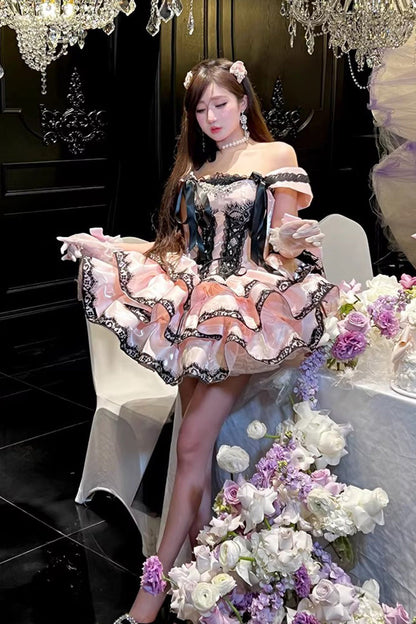 Rose Sleeveless Triple Ruffled Lace Lace-Up Sweet Lolita Jumper - Love Poems of the Heart