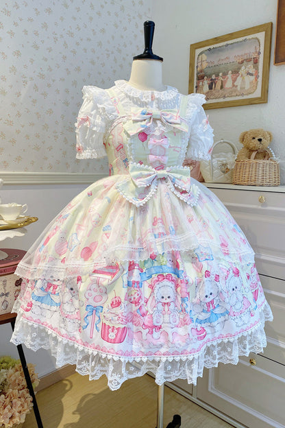 Golden Rabbit Print Ruffled Bow Lace Sweet JSK Attire