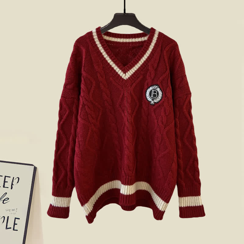 Shirt Sweater Cable Pleated Dress Red Set