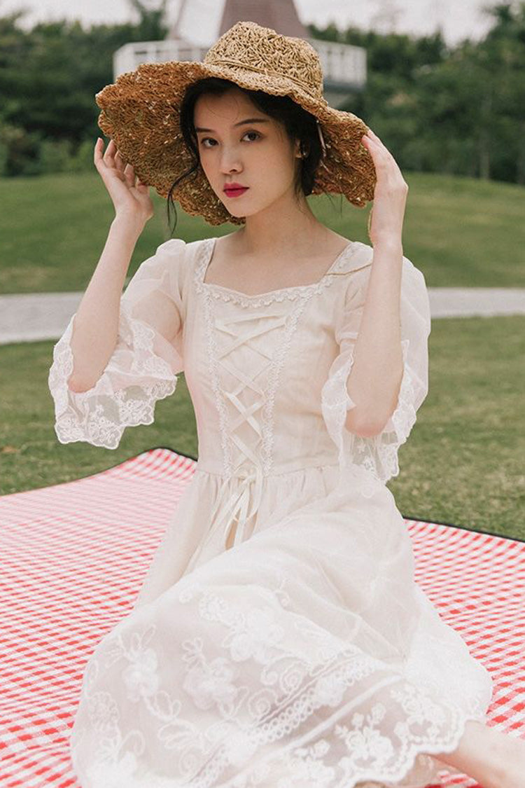 White Sweet Lolita OP Dress with Lace Sleeves and Floral Embroidery