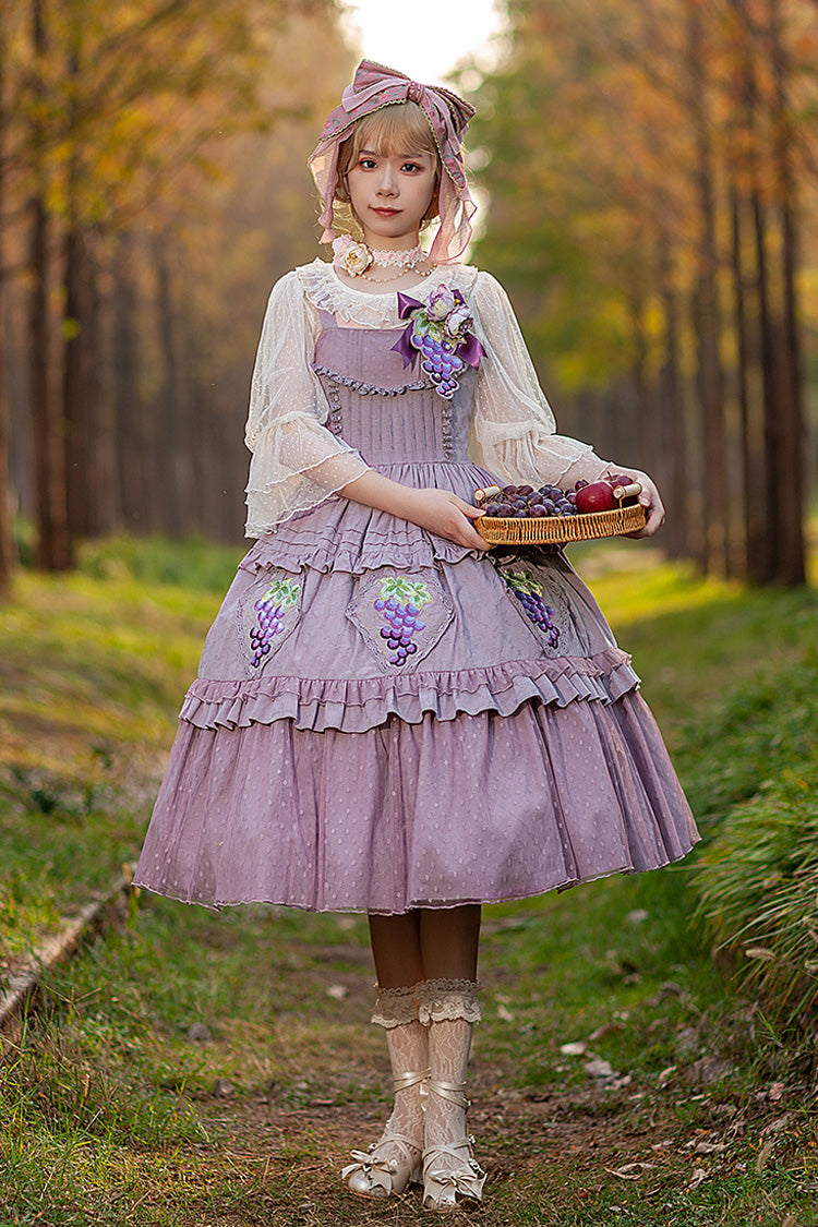 Purple Sleeveless Jacquard Ruffle Embroidery Sweet JSK Dress - Vineyard