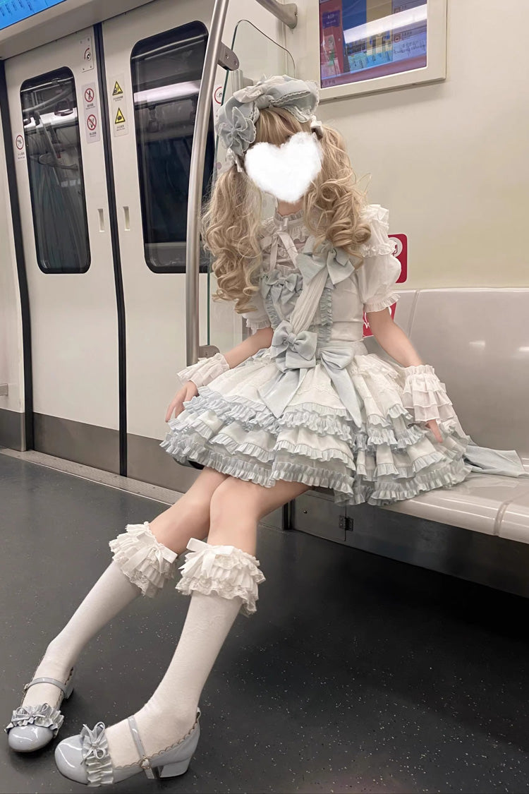 White/Light Blue Multi-layer Ruffle Bowknot Sweet Princess Lolita Jsk Dress (Includes Blouse)