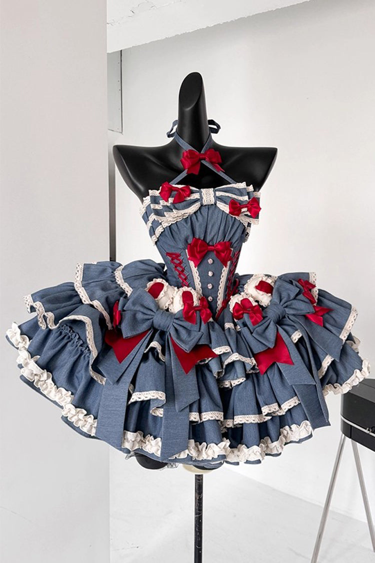 Halterneck Sleeveless Triple-Ruffle Laced JSK with Bow