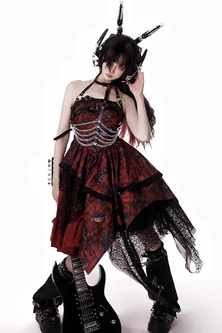 Sleeveless Printed Gothic JSK Dress with Asymmetric Ruffled Lace - Strawberries of Blood and Tears