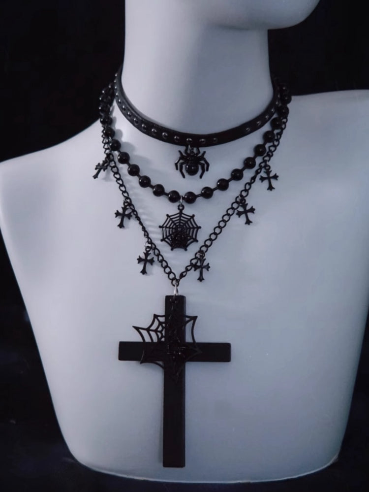 Spider Web Cross Pendant Black Triple Layered Necklace