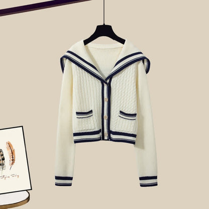 Collar Casual Set Sweater Two Cable Pants Pieces Sailor Pleated