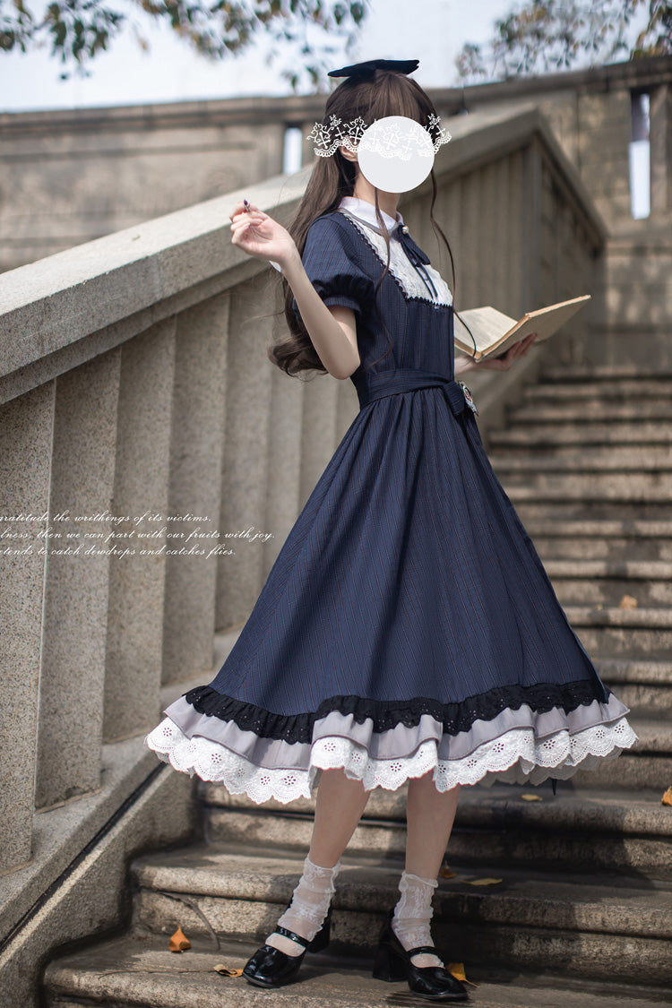 Lapel-Collar Vintage Dress with Bow Print and Short Sleeves