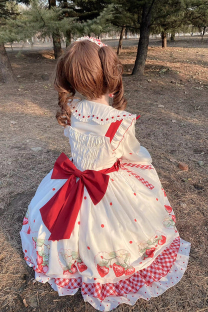 White Strawberry Printed Ruffled Bow-Trim Sweet Lolita Dress Set