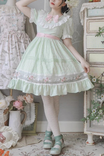 Green Short-Sleeved Rose Print Ruffled Bow-Trim Sweet Lolita Dress