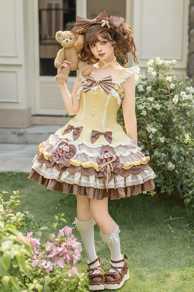 Polka Dot Cake Multi-Layer Ruffled Bow Sweet Lolita JSK in Yellow Brown