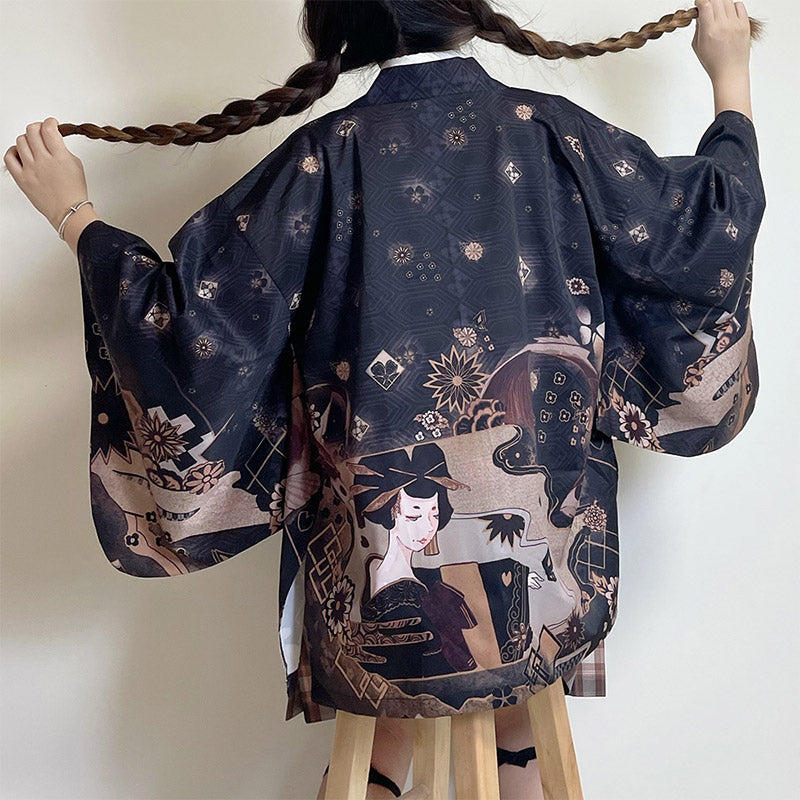 Strickjacke mit Kimono-Oberbekleidung im Vintage-Anime-Print