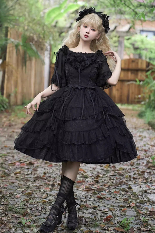 Gothic Princess Lolita JSK Dress with Ruffled Layers and Bow Accents
