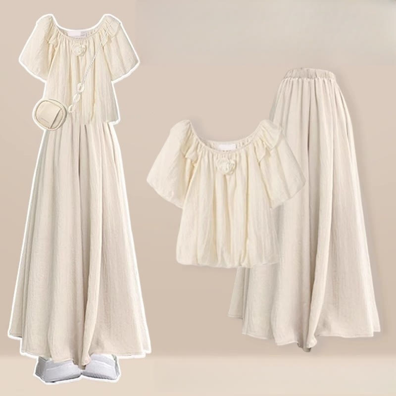 Pieces 3D Leg Set Flower Two Wide Pantskirt Blouse