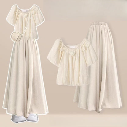 Pieces 3D Leg Set Flower Two Wide Pantskirt Blouse