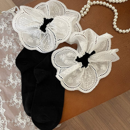 Black/White Calf Socks with White Floral Pattern Lace Trim