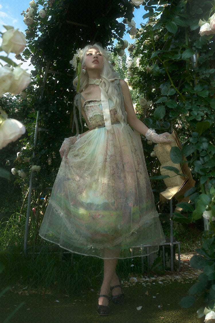 Emerald Oil Painting Spring Sleeveless Print Ruffle Bowknot Lace Sweet Lolita JSK