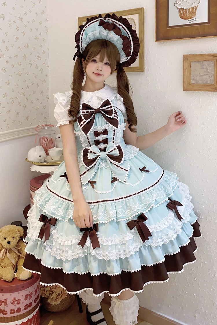 Mint Chocolate Fondant Cake Sleeveless Multi-Layer Ruffle Bow Lace Sweet JSK Dress