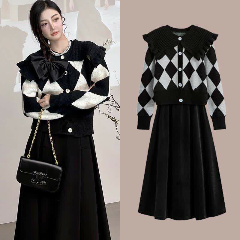 Pants Rhombus Sweater Dress Slip Skirt Print Set