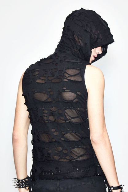 Edgy No-Sleeve Punk Tee with Distressed Ribbon Lacing