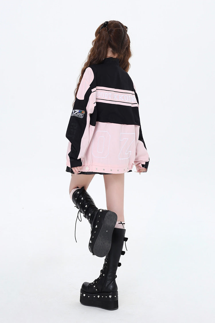 Biker Girl Print Embroidery Zip Detachable Coat Three Colors