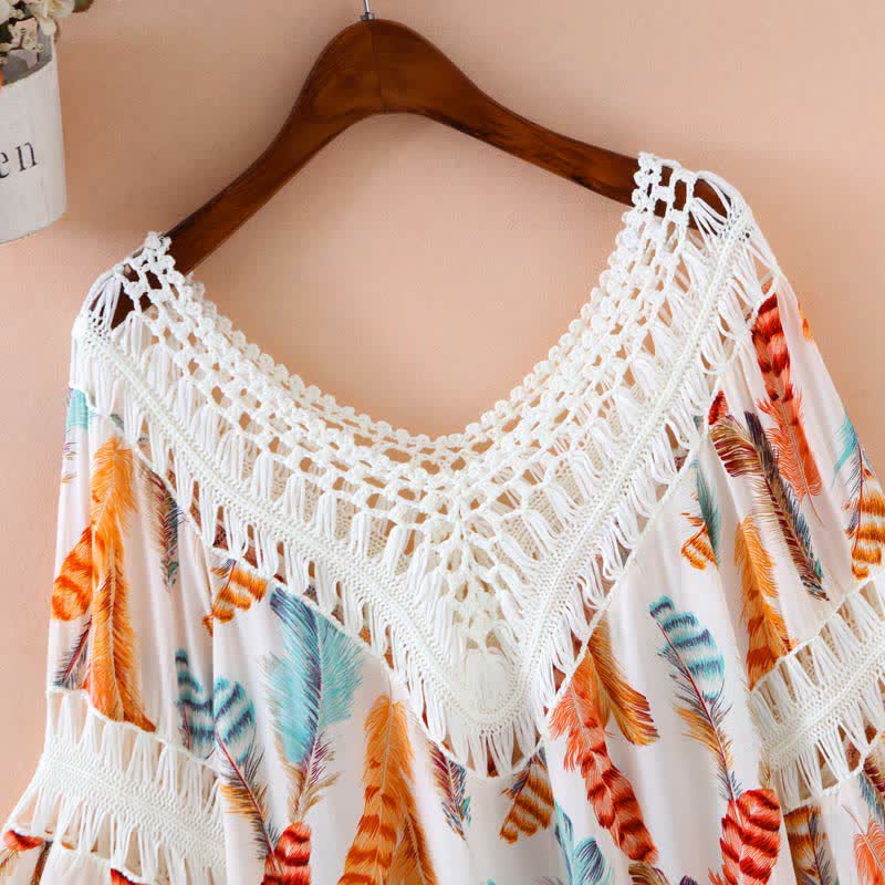 Sweet Boho Print Fringed Hollow Out Shirt Pleated Skirt Slip Dress