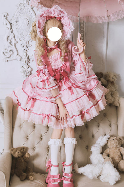 Rose Velvet Cake Long Trumpet Sleeves Multi Ruffle Bow Lace Sweet Lolita Dress