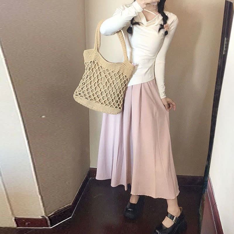 Irregular Ruffled Long Sleeve Shirt Pleated Skirt