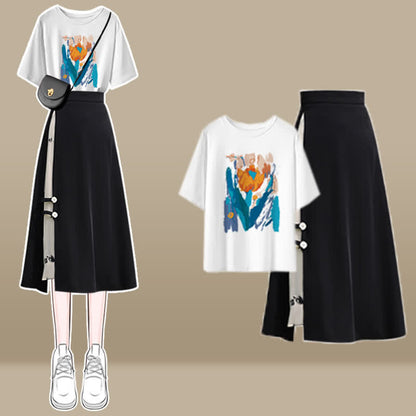 Blossom Skirt T-Shirt Print Split Polo Set