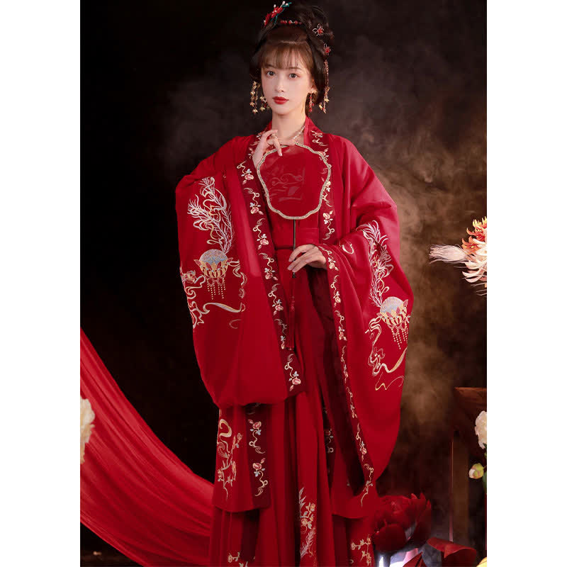 Red Phoenix Embroidery Tank Top Big Sleeve Cardigan Shirt Skirt Hanfu Set