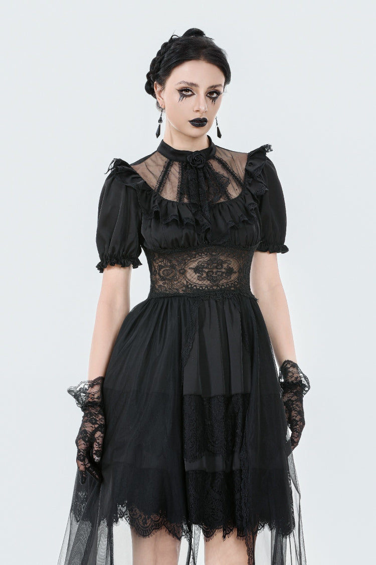 Inky Puff Sleeve High-Low Multi-Tiered Chiffon Gown - Gothic Wedding
