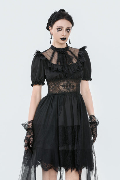 Inky Puff Sleeve High-Low Multi-Tiered Chiffon Gown - Gothic Wedding