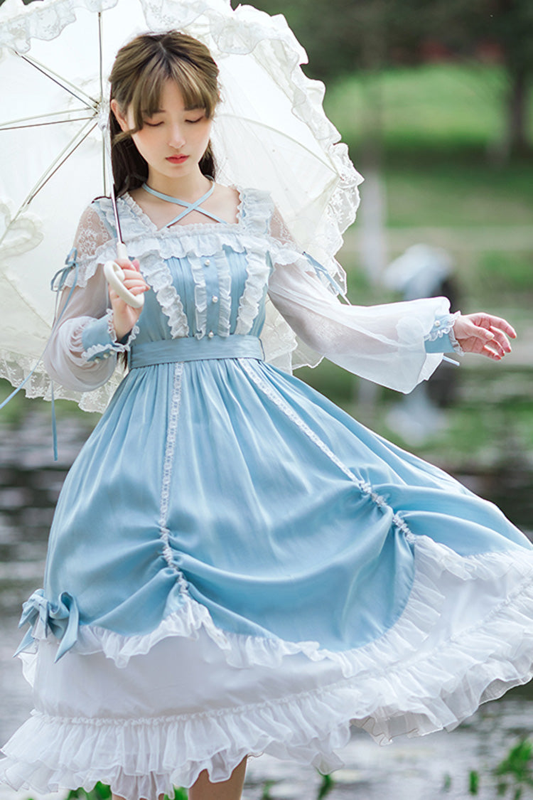 Blue Hanayome Sweet Lolita OP Dress with Lace and Ruffled Sleeves