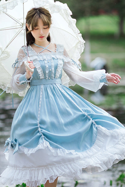 Blue Hanayome Sweet Lolita OP Dress with Lace and Ruffled Sleeves