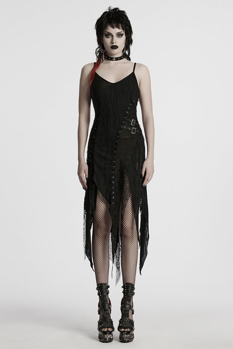 Ripped Party Slip Dress with Asymmetric Lace Trim - NoirEdge