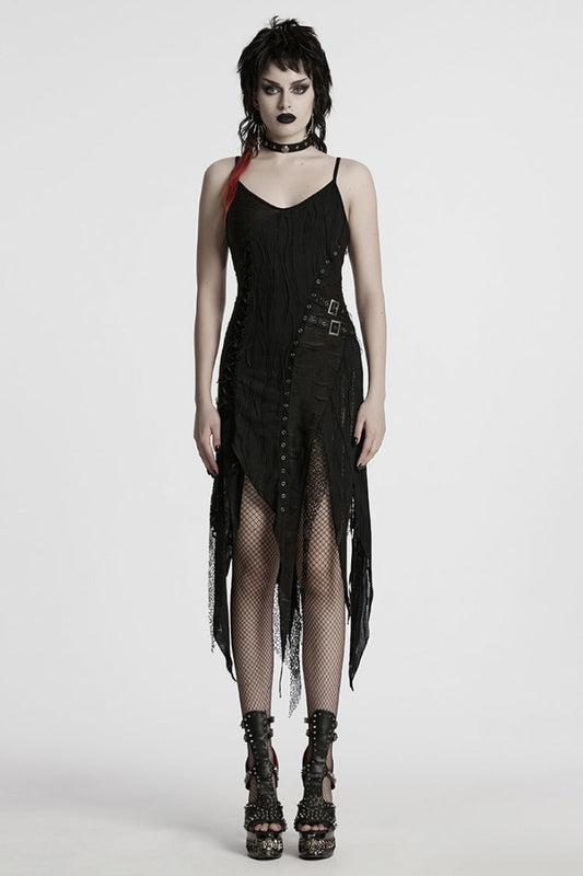 Ripped Party Slip Dress with Asymmetric Lace Trim - NoirEdge