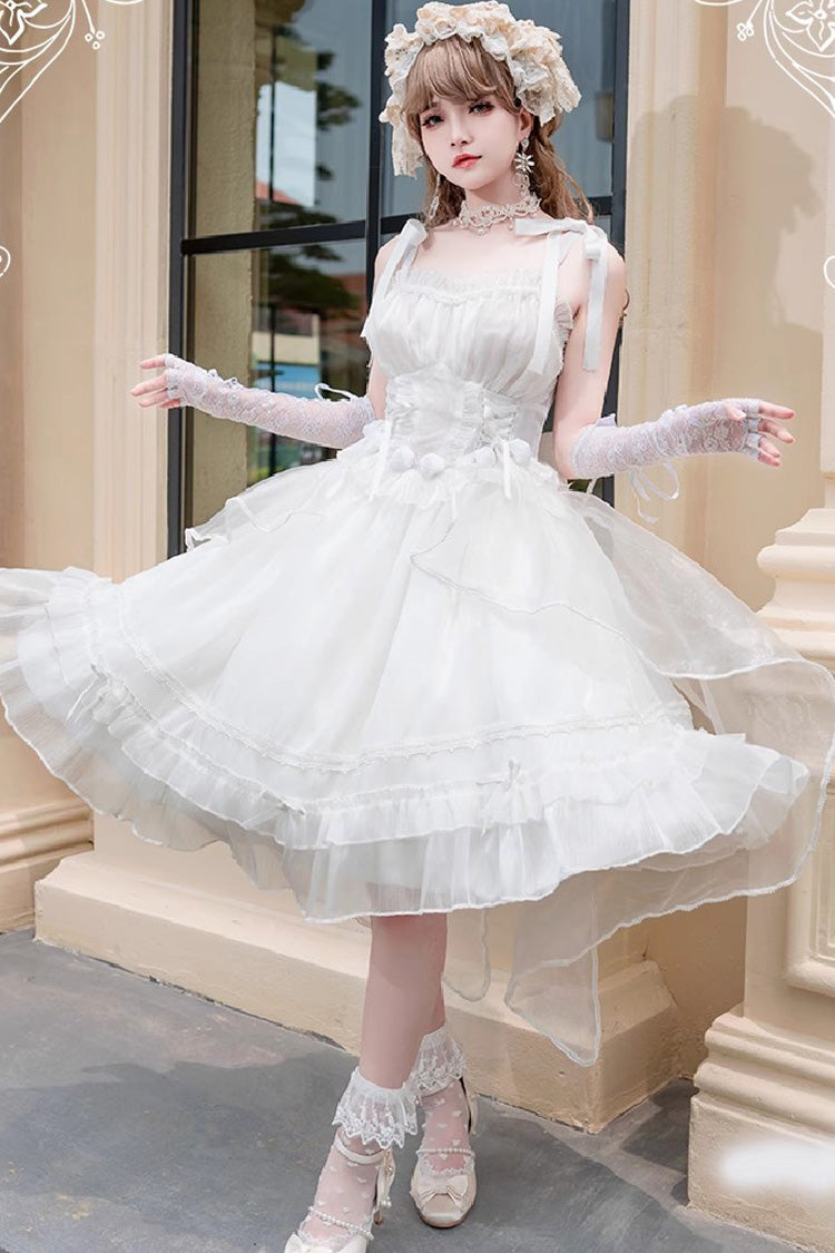White Sleeveless Ruffled Sleeping Garden Hanayome Bow-Trim Sweet Lolita JSK Dress