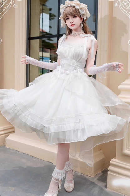 White Sleeveless Ruffled Sleeping Garden Hanayome Bow-Trim Sweet Lolita JSK Dress