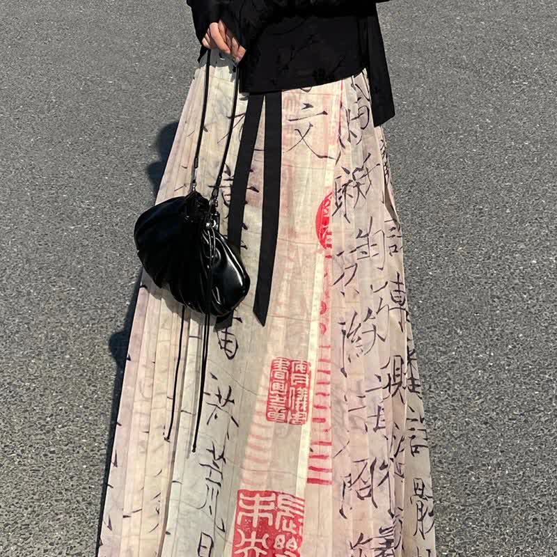 Vintage Character Print Pleated Lace Up Hanfu Skirt