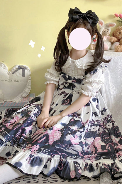 Cow Cat Print Ruffle Ribbon Sweet Lolita Jumper Dress