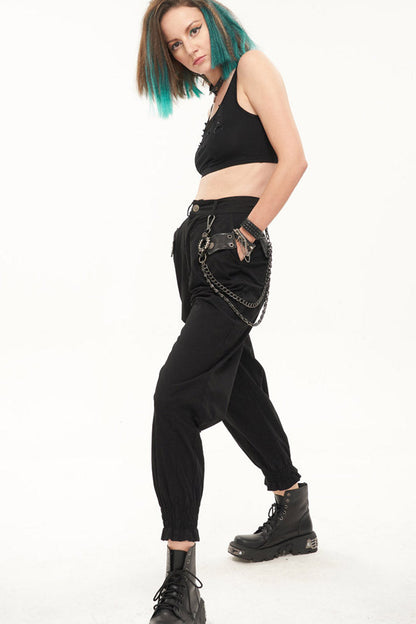 Womens Long Pants with Chain Accents and Leather Trim