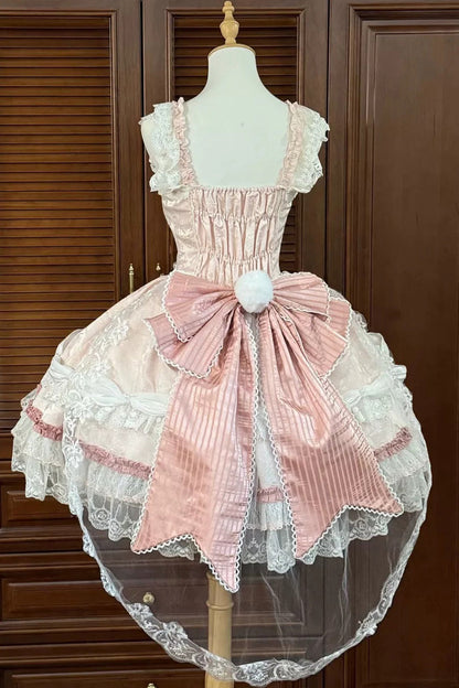 Rose Ribbon Prelude Square Neck Sleeveless Embroidered Floral Lace A-Line JSK Dress - Pink