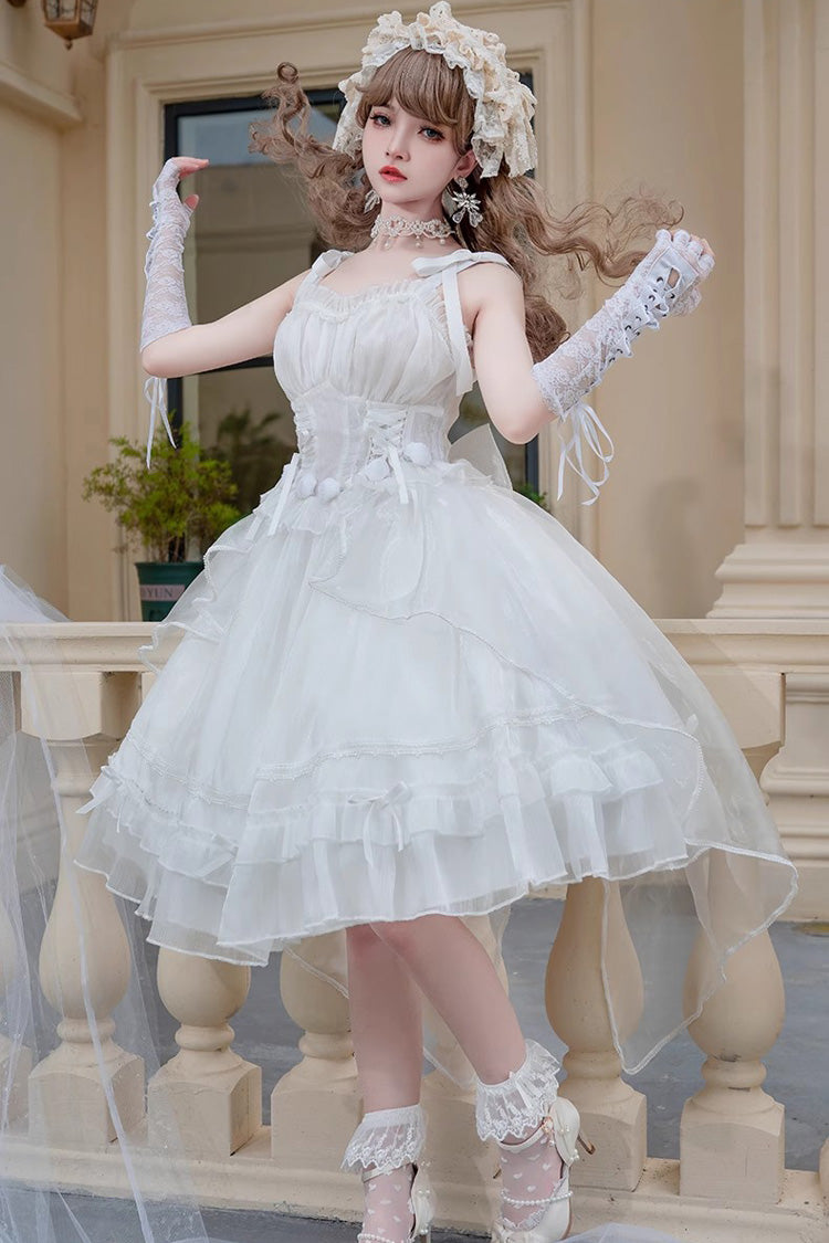 White Sleeveless Ruffled Sleeping Garden Hanayome Bow-Trim Sweet Lolita JSK Dress