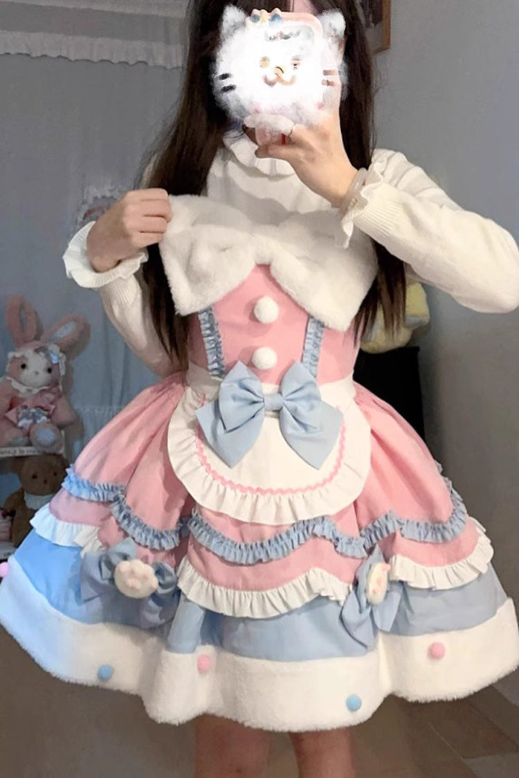 Sweet Lolita Cream Snow Cat Winter Ruffle Bowknot JSK Dress
